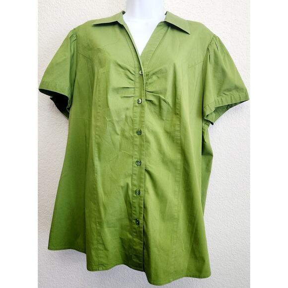 Lane Bryant Green Button Up Short Sleeves Top 22 Pointed Collar Lightweight Soft - Picture 1 of 5